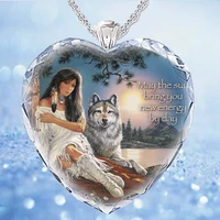 heart shaped crystal glass indian girl and wolf pendant necklace womens necklace new fashion metal accessories party jewelry