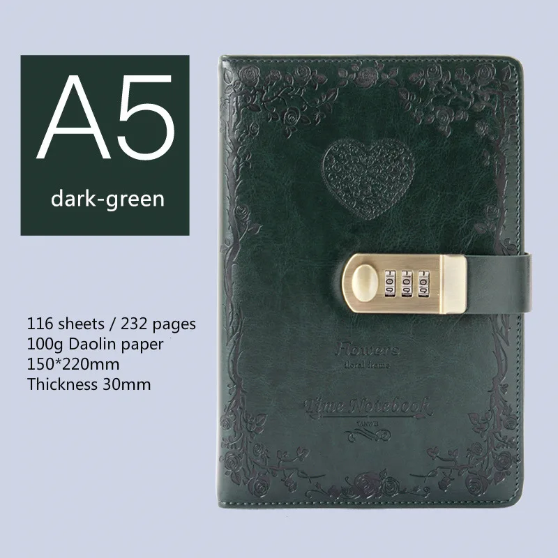 A5-dark green Дневник B6 Пароль Книга с замком Ретро ноутбук путешествия школы девушки подарок тетрадь журнал деловой планировщик - Цвет: A5-dark green