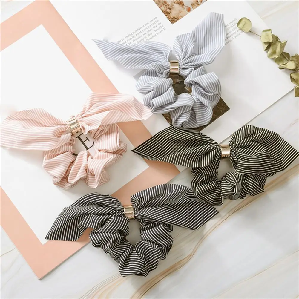 

Rabbit Ear Ribbon Striped Ponytail Holder Hair Ring Rope Girl Elastic Scrunchies