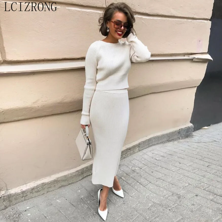 

New Women Noble Slim Knit Sweater + Skirt Set 2021 Fall Winter Slim Waist Sweater Female A-line Warm Pullover Vestido