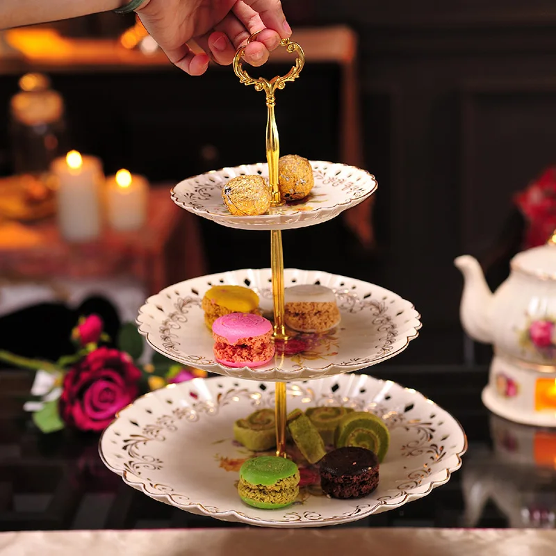 Роскошная керамическая трехуровневая полка Dim Sum цветочный английский поднос