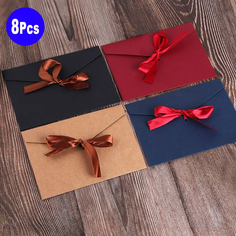 

8Pcs Vintage Retro Bowknot Kraft Paper Envelope Set For Office School Postcard Wedding Party Invitation Greeting Cards Gift