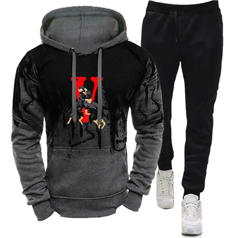 

Printed Tracksuit Mens Fashion Pullover Hoodie and Sweatpant Sportswear Autumn Winter Casual JoggerHommer