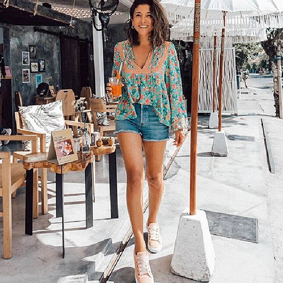 TEELYNN Boho женские блузки из хлопка красный цветочный принт топ фонарь длинные