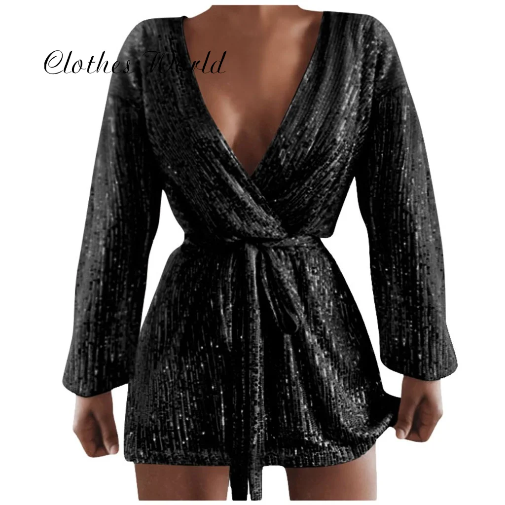 Women Sexy Dress Club Tie Up V Neck Glitter Sequin Evening Mini Cocktail Wrap vestidos de fiesta noche платье женское | Женская