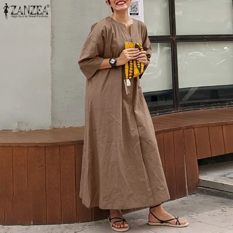 

ZANZEA Female Fashion Solid Cotton Sundress Autumn Holiday Party Stylish Vestidos 3/4 Sleeve V Neck Maxi Dress Women Casual Robe