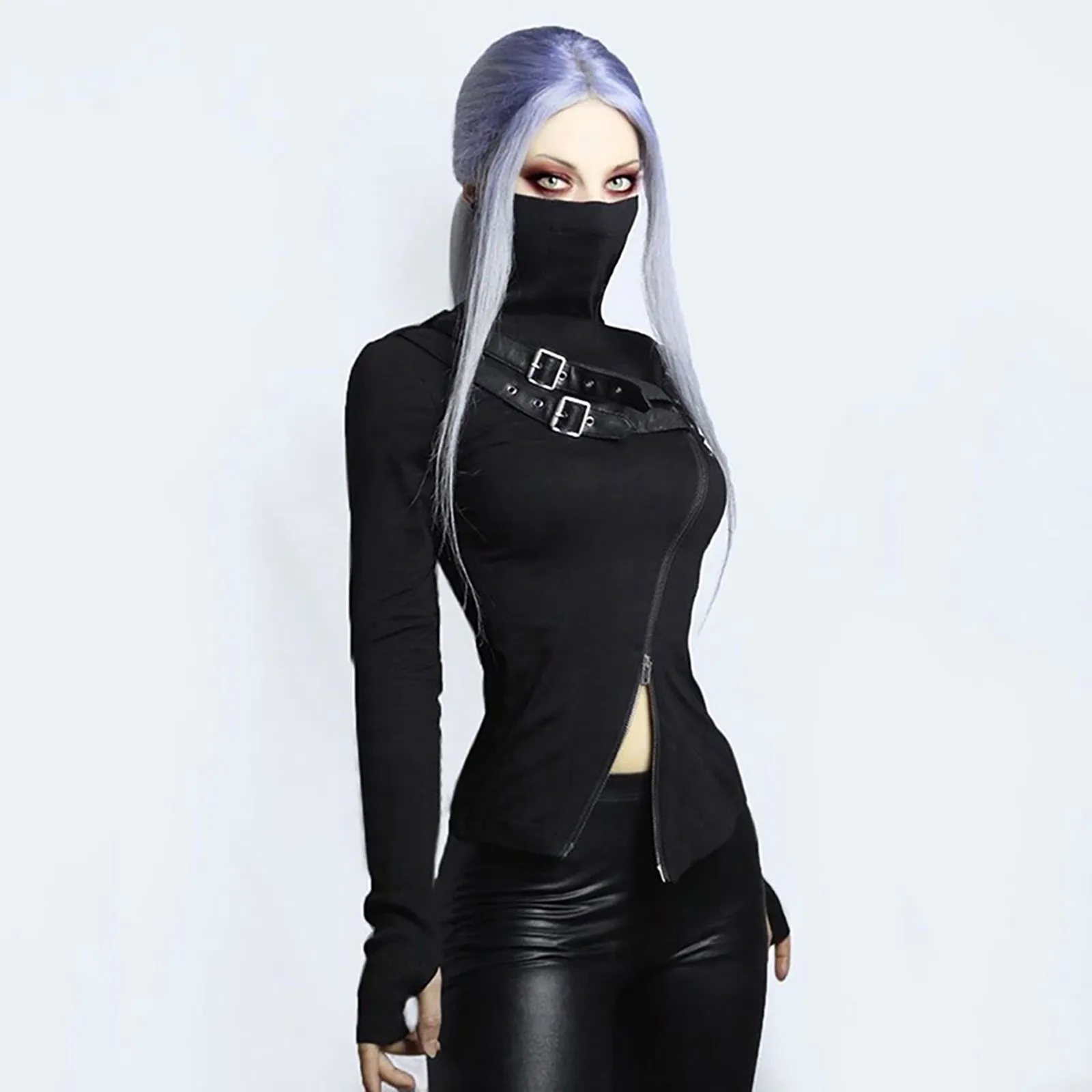 Женская сексуальная черная футболка на молнии с длинным рукавом повседневная