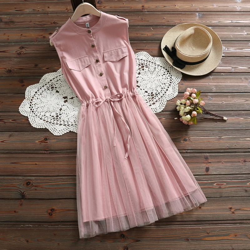 

Women belt waist sleeveless lace blue dresses women summer dress 2020 new casual cotton mesh pink elegant vestidos clothes