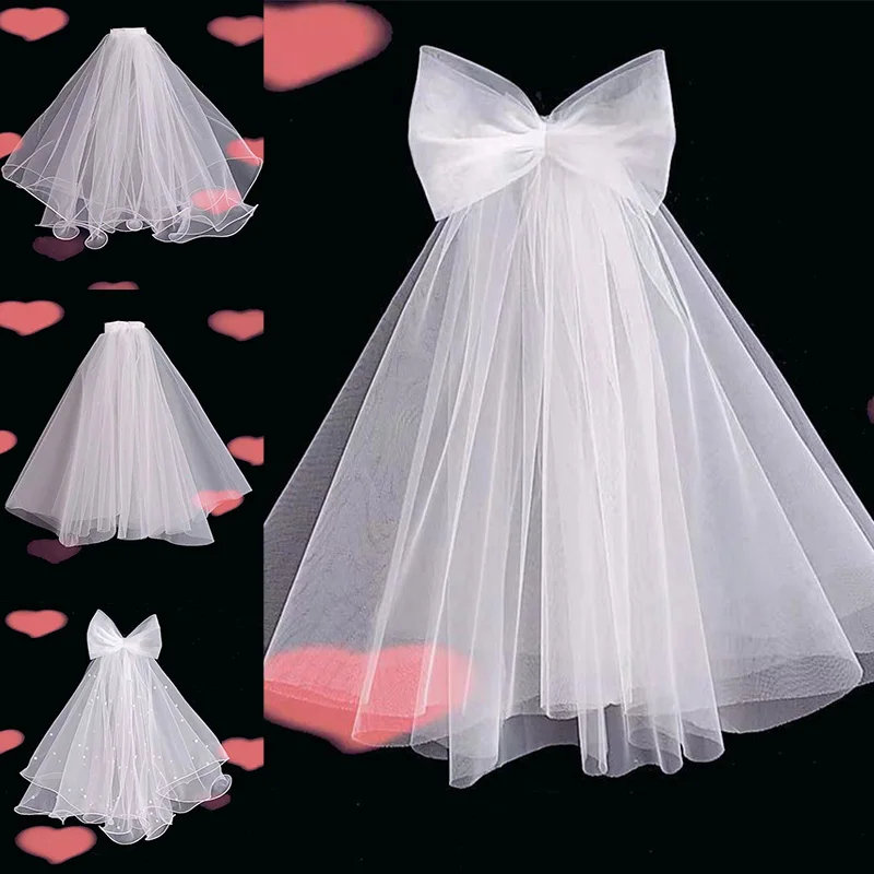 

Двухслойная Свадебная короткая винтажная фата с бантом и гребнем для волос, мягкая Тюлевая свадебная фата для волос, 1 шт.