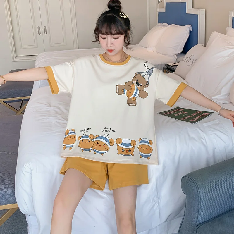 

Prize Claw Pajamas Women's Summer Short Sleeve Loose Pure Cotton Two-Piece Suit Cute Thin Korean Style Spring and Autumn
