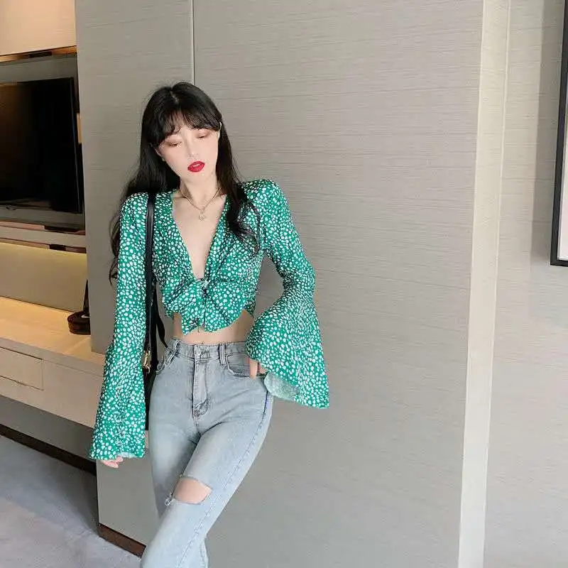 Женский сексуальный короткий топ с v-образным вырезом и цветочным принтом для