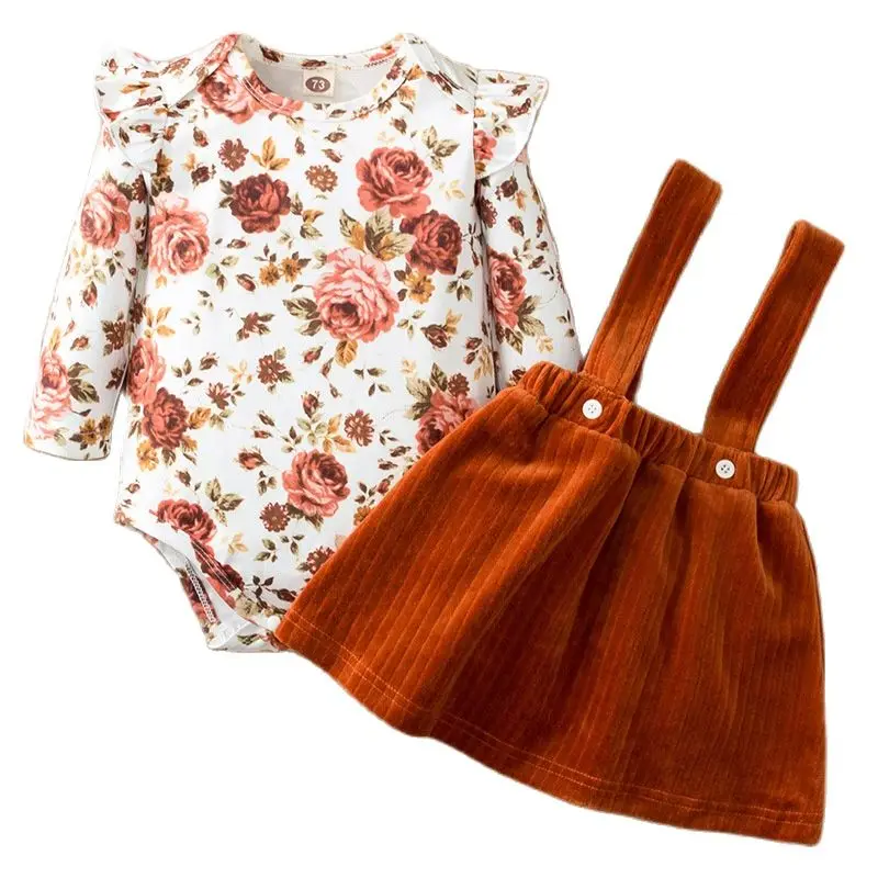 

Baby Girl Clothes Floral Printed Bodysuits + Solid Suspender Skirts Suits Spring/Autumn Long Sleeve Outfits Infant Girls Set