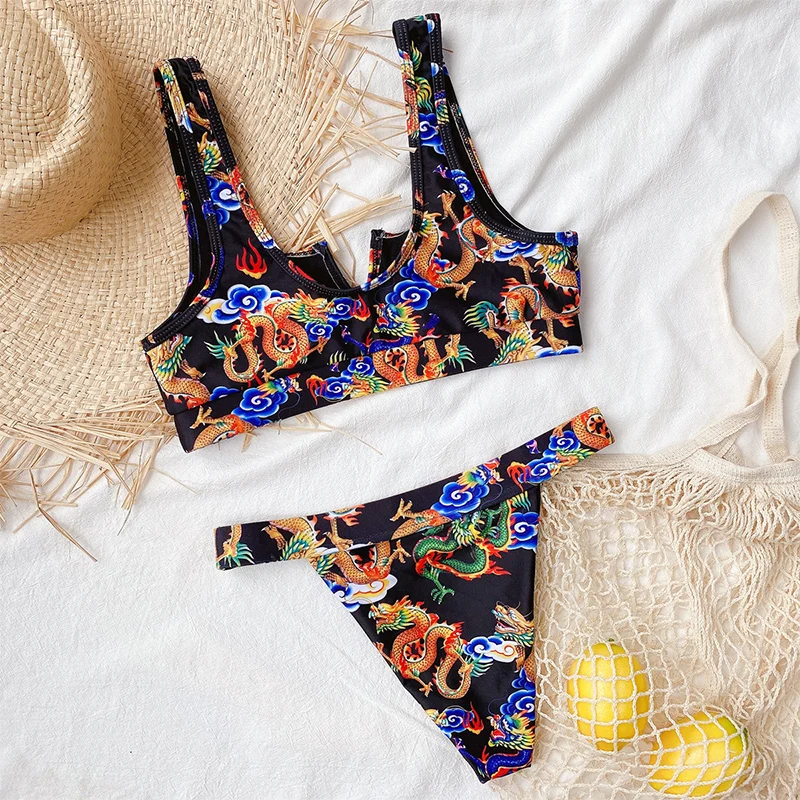 Peachtan Dragon print bikinis 2020 mujer Bandeau swimsuit women 2 pieces High cut swimwear female Vintage bathing suit Biquini | Женская
