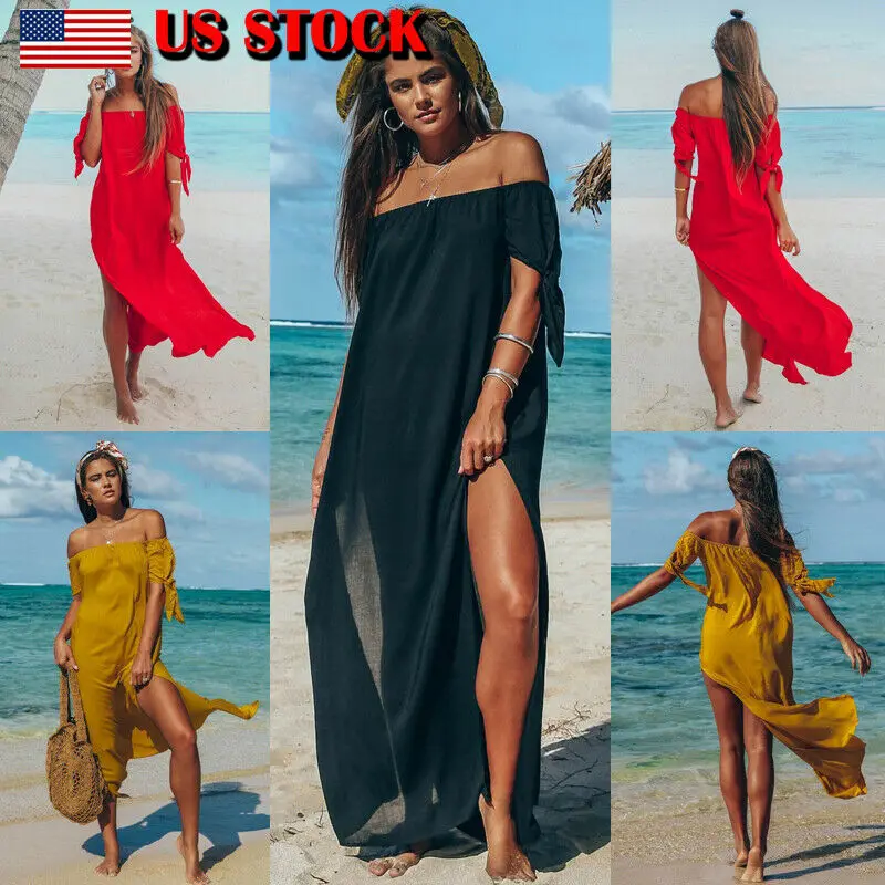 Новинка женское летнее длинное Пляжное Платье макси с открытыми плечами