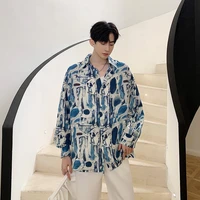 2021 vintage print loose casual long sleeve shirt male satin style fashion korean streetwear dress shirts tops