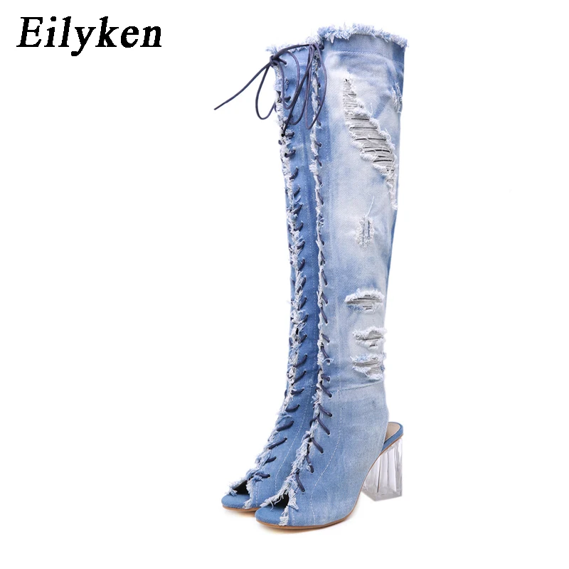 Eilyken/женские ботинки сандалии прозрачная обувь из джинсовой ткани на каблуке