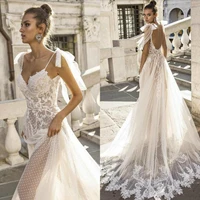 2021 sexy boho bridal dresser spaghetti wearers illusion top backless bride vestido de novia beach wedding dress cheap