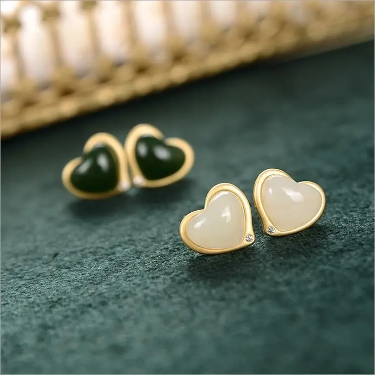

New silver inlaid natural Hetian Jasper Earrings Chinese style retro unique fresh romantic fairy charm women's brand jewelry