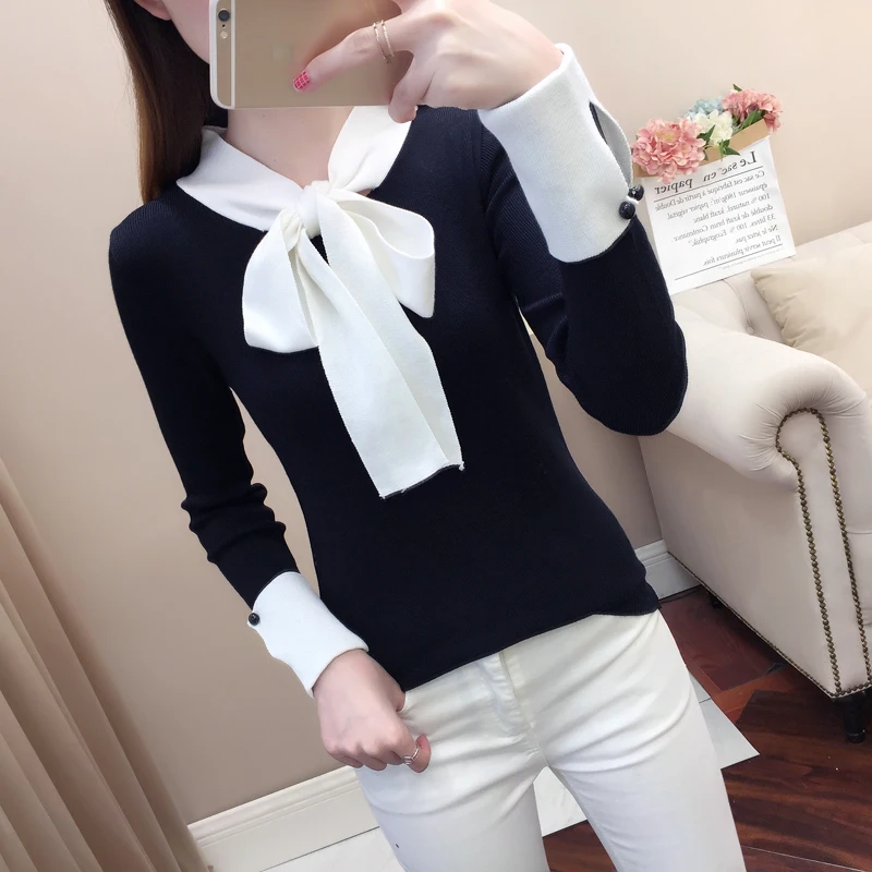 

2021 new bow round neck sweater bottoming shirt long sleeve sweater Black