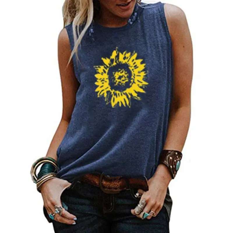Women Sunflowers Soft Trendy Camisole Hipster Streetwear Crew Neck Slogan Vest Shirt Floral Casual Sleeveless Top Tee Tank | Женская
