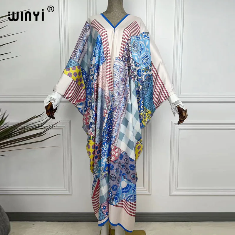 

WINYI 2021 Malaysian Printed Summer Silk V-neck BouBou Dresses Traditional African Muslim Abaya Robe Kaftan Dress