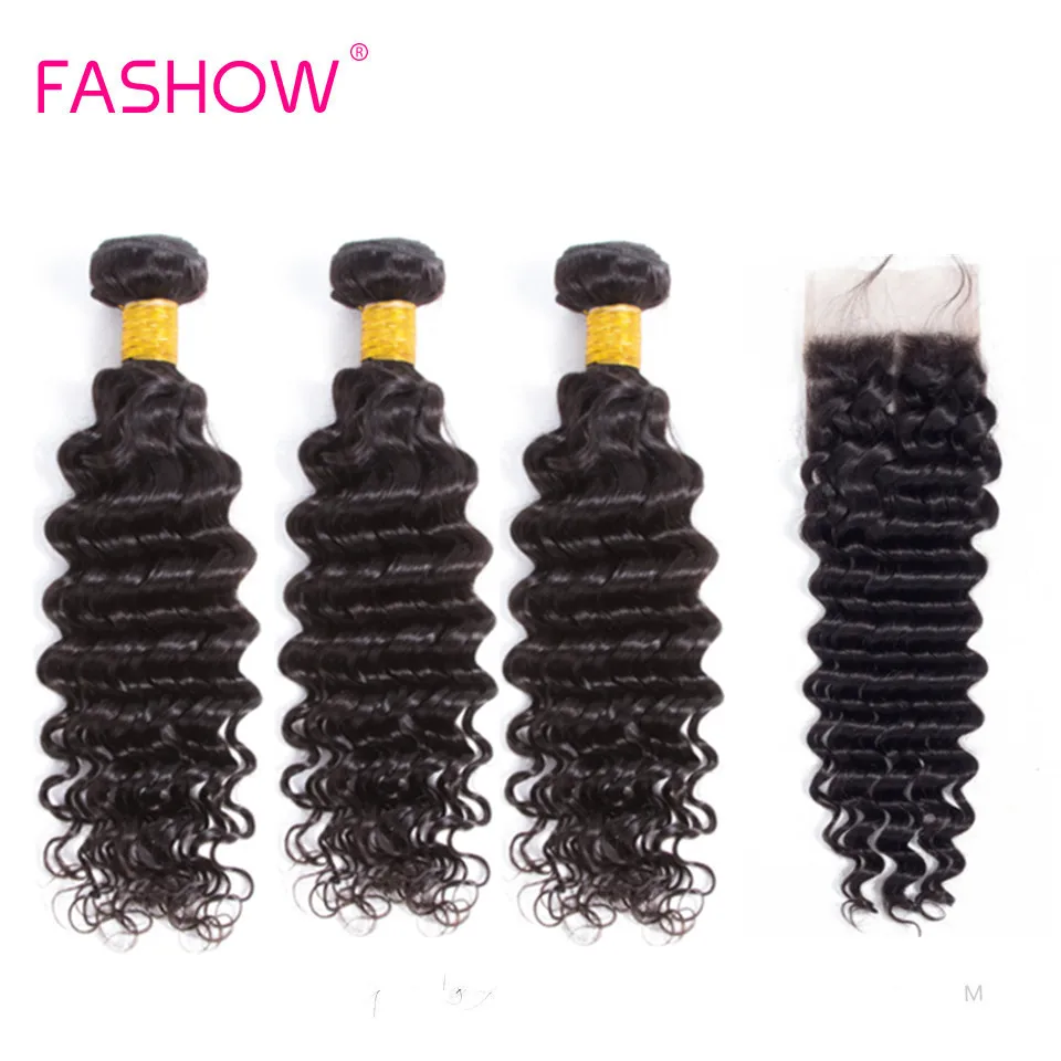 Fashow монгольские глубокие волны 100% натуральные человеческие волосы 3/4 штук пучков