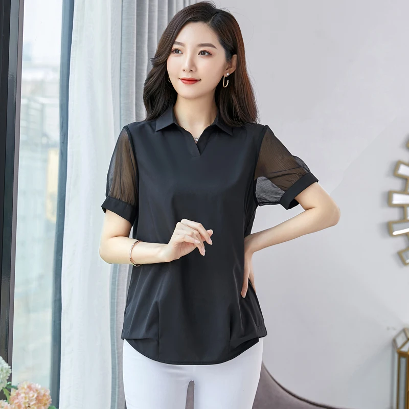 

women shirts 2020 Feminine Blouse Top Sleeve Casual Black Turn-down Collar OL Style Women Loose Blouses
