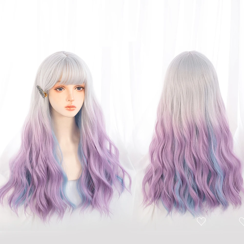 

LIANGMO Long Wavy Wig With Bangs Pink blue gradient color Synthetic Lolita Wig For Women High Temperature Wire Cosplay Wig.