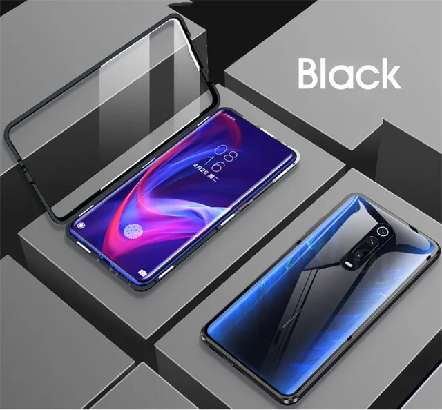 black Металлический магнитный адсорбционный чехол для Xiao mi Red mi K20 Pro, двойное закаленное стекло, полный магнит, чехол s mi 9T Pro, чехол с подушкой безопасности s Global - Цвет: black