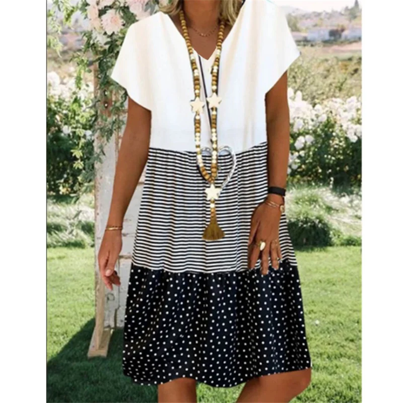 

Женское пляжное платье в горошек в стиле бохо, женский летний Повседневный Сарафан в стиле пэчворк до щиколотки с V-образным вырезом, женско...