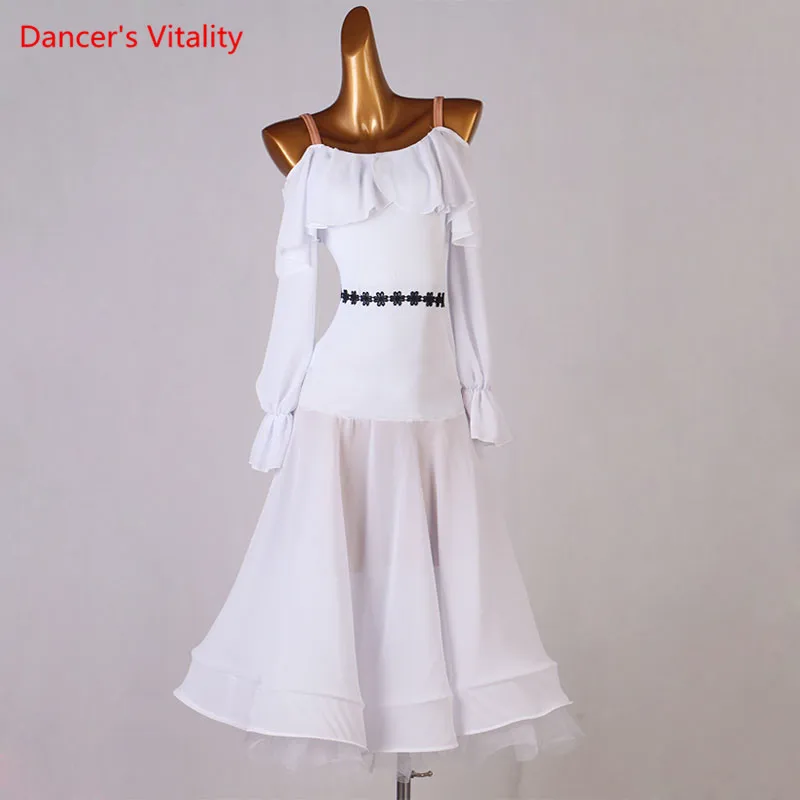 Платье для современных танцев шифоновая юбка слинг с рукавами фонариками одежда