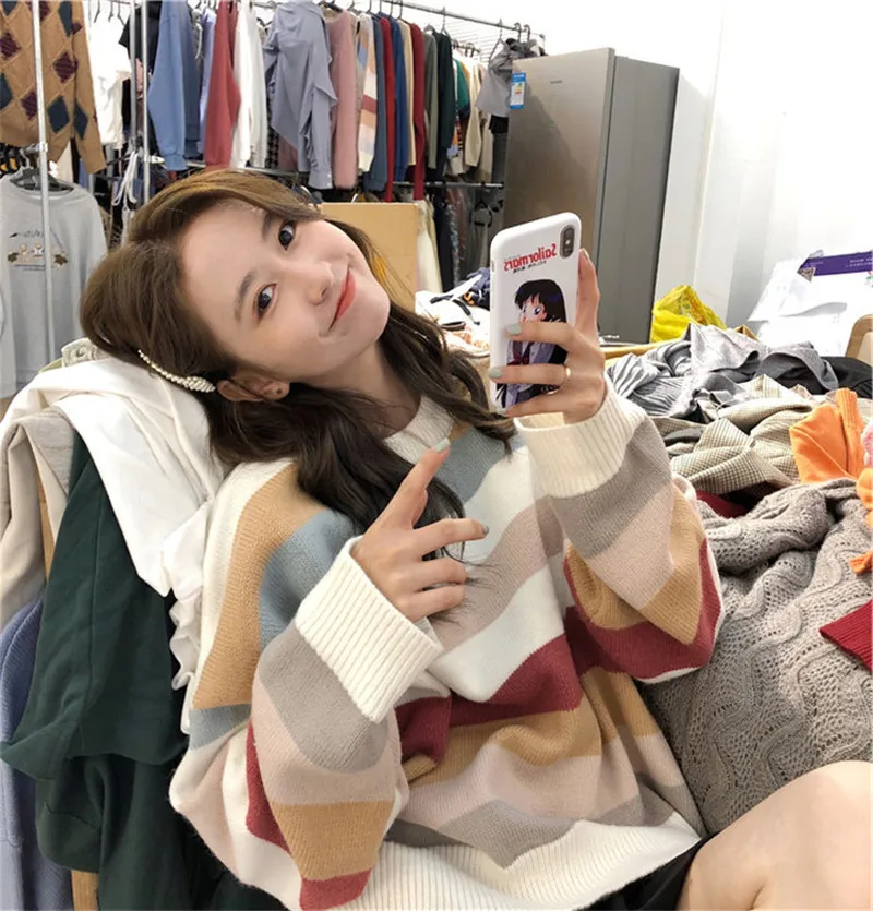 

Winter 2020 Kawaii Women's Sweater knitwear fashion colorful striped sweaters warm sweaters