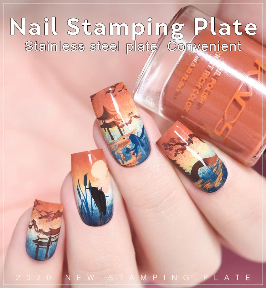 

KADS Nail Stamping Plate Chinese 026 Print Template Nail Stencil Steel Mountain Scenery Sunset Crane Pattern DIY Manicure Tool