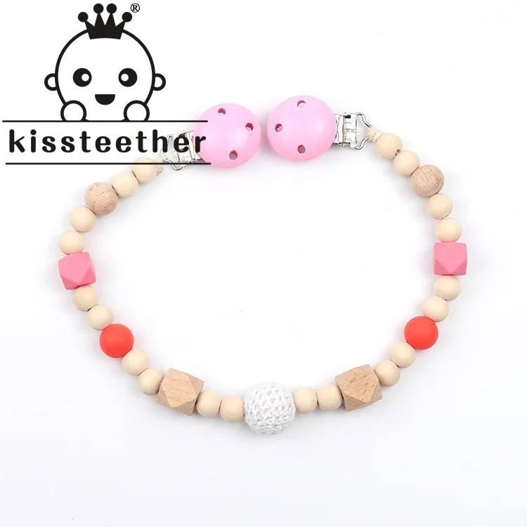 

Kissteether Newborn Feeding Pacifier Baby Wooden Beaded Pacifier Clip Silicone Chain Nipple Holder Baby Pacifier For Children