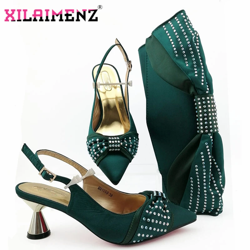 

2019 Dark Green Italian Design Shoes and Bags To Match Set Afrian Women Wedding Shoes and Bags Sets with Applique