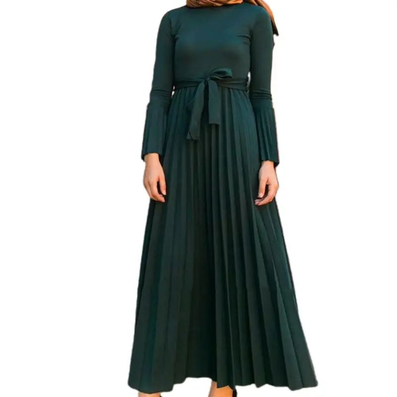 

Muslim Women Pleated Flare Sleeves Maxi Long Dress Solid Color Ruffles Flowy Belted Waist Kaftan Abaya Malaysia Middle East N7MF