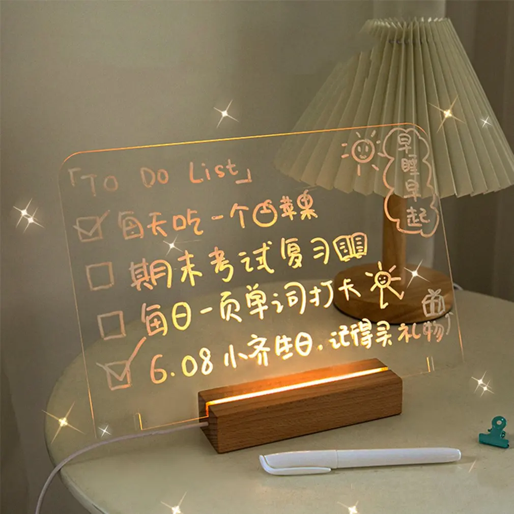 

USB Acrylic Daily Moments Photo Memo Message Board With Wood Stand Holder Set Lamp Creative School Stationery