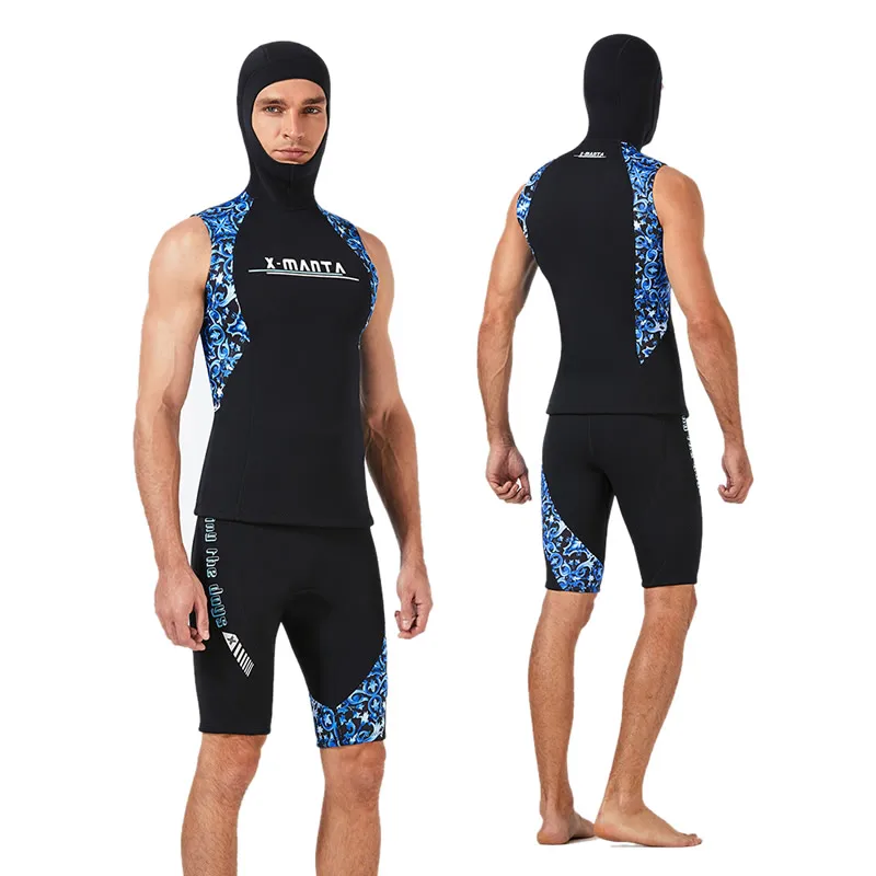 

Chinese Flower Hooded Short Wetsuit 2-pieces Men Women Sleeveless 3mm Diving Jacket 1.5mm Swimming Shorts Surfing Suit