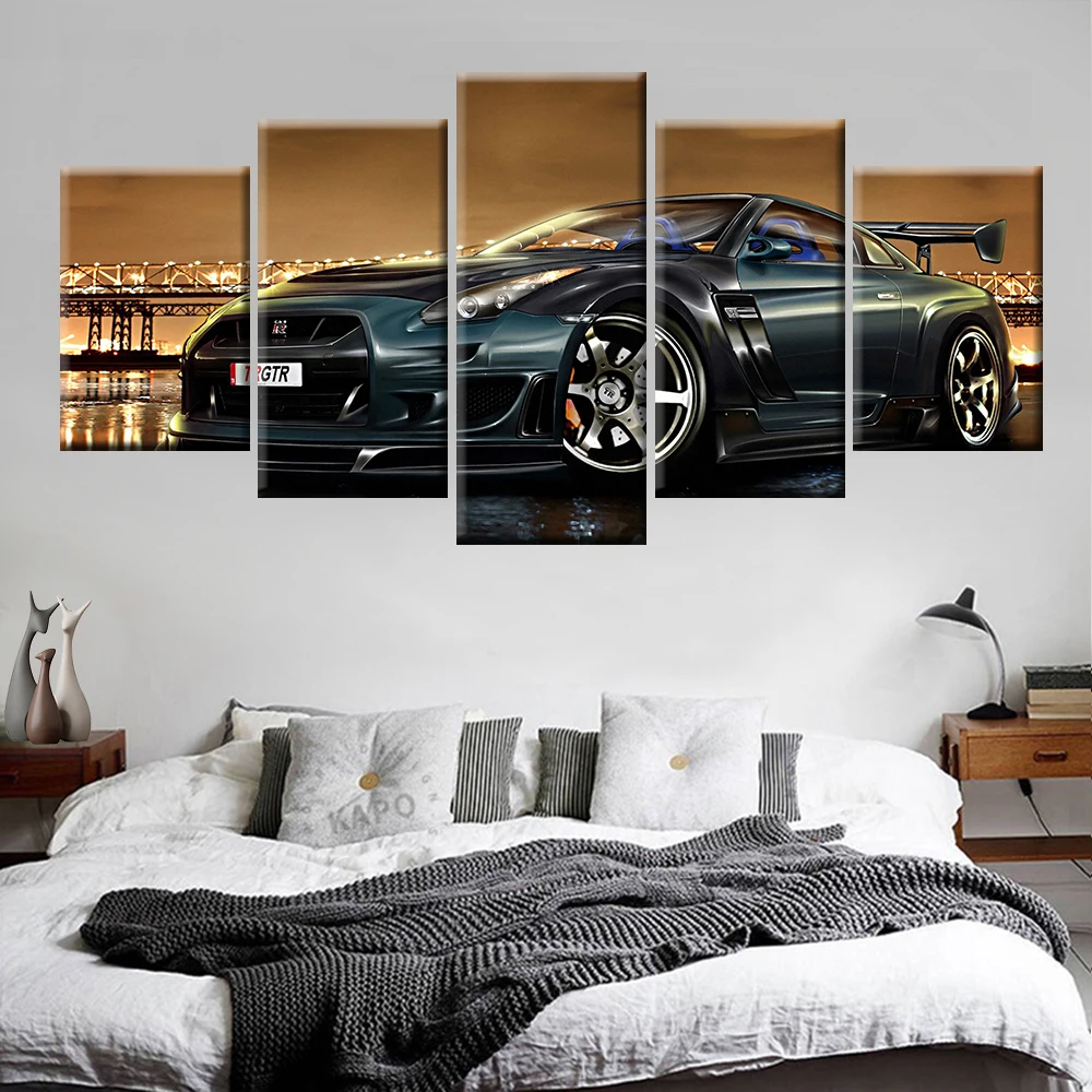 

Classic high-end sports car city night poster canvas painting 5 piece Home art wall painting Modern Modular Framework