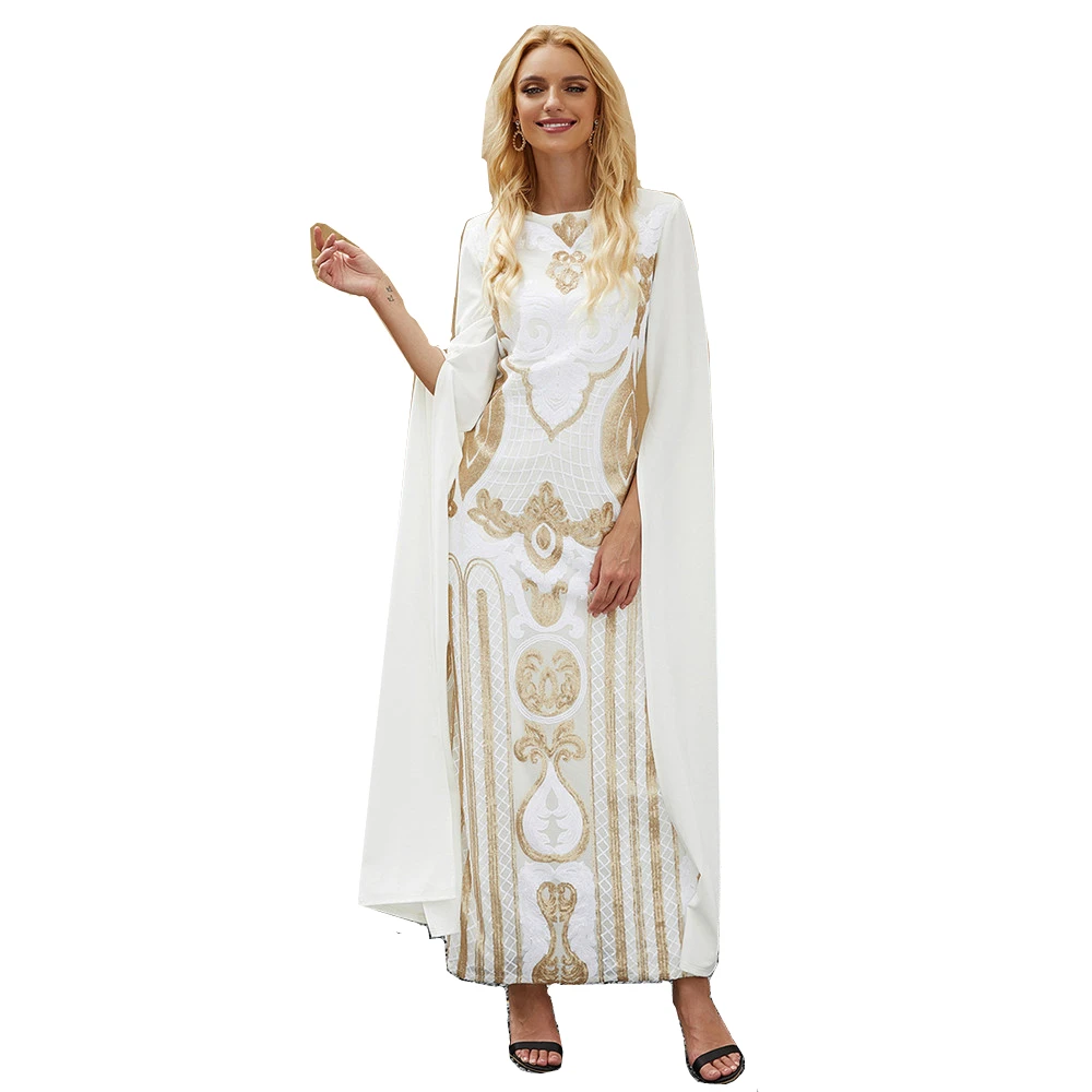 

Golden embroidery muslim fashion abaya galabia woman dubai dresses robe White long sleeve turkish kaftan dress for women MSL842