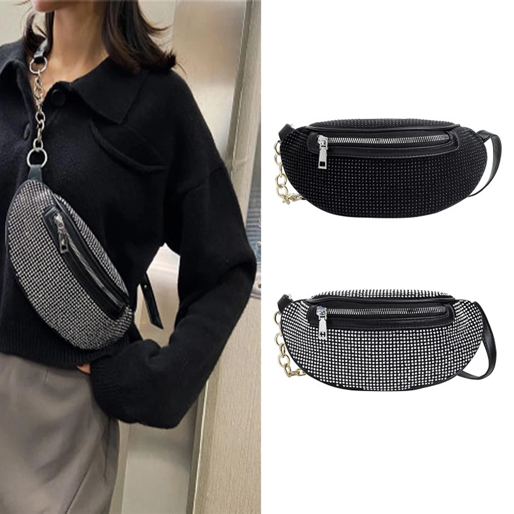 

New Women Waist Bags Diamonds Ladies Fanny Pack Fashion Chest Bag Banana Rhinestone Chain Crossbody Shoulder Bags Belt Bag