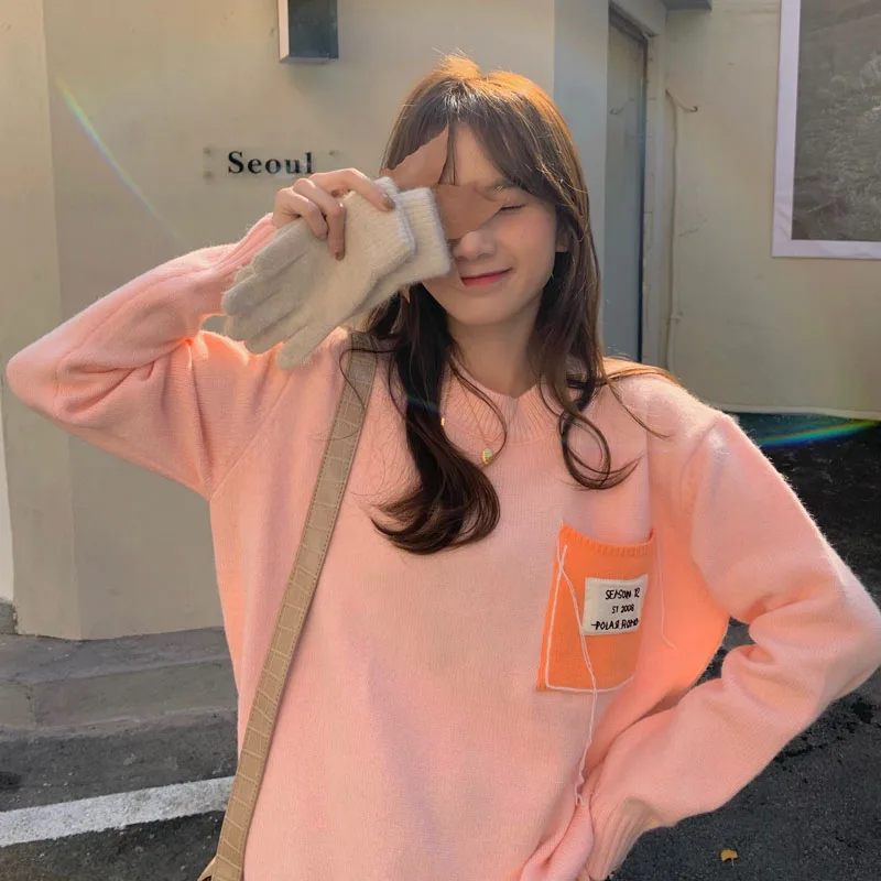 

Sweater Women New 2020 Winter Loose Pullover Sweater Casual Pullover Sweet Korean Girl Cute Stitching Pocket Loose Sweater