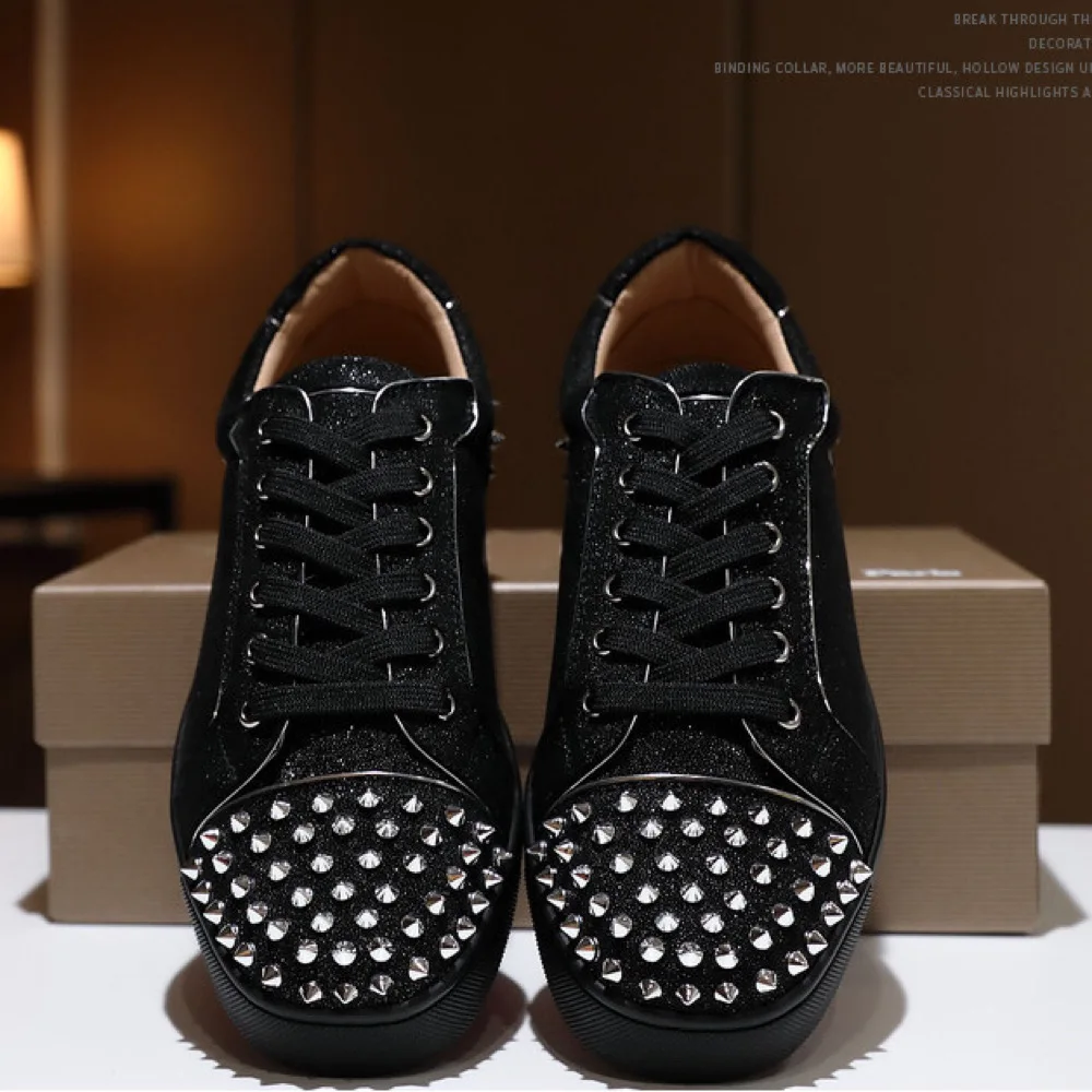 

European Fashion Men's Shoes Low Top Women's Shoes Red Bottom Glitter Silver Rivets Black Sequins Leather Lace Up Couple Shoes