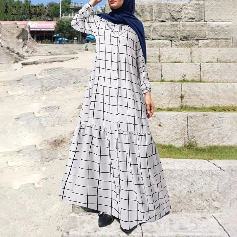 ZANZEA Women Vintage O Neck Long Sleeve Muslim Dress Spring Elegant Plaid Checked Maxi Sundress Abaya Hijab Robe Femme | Тематическая