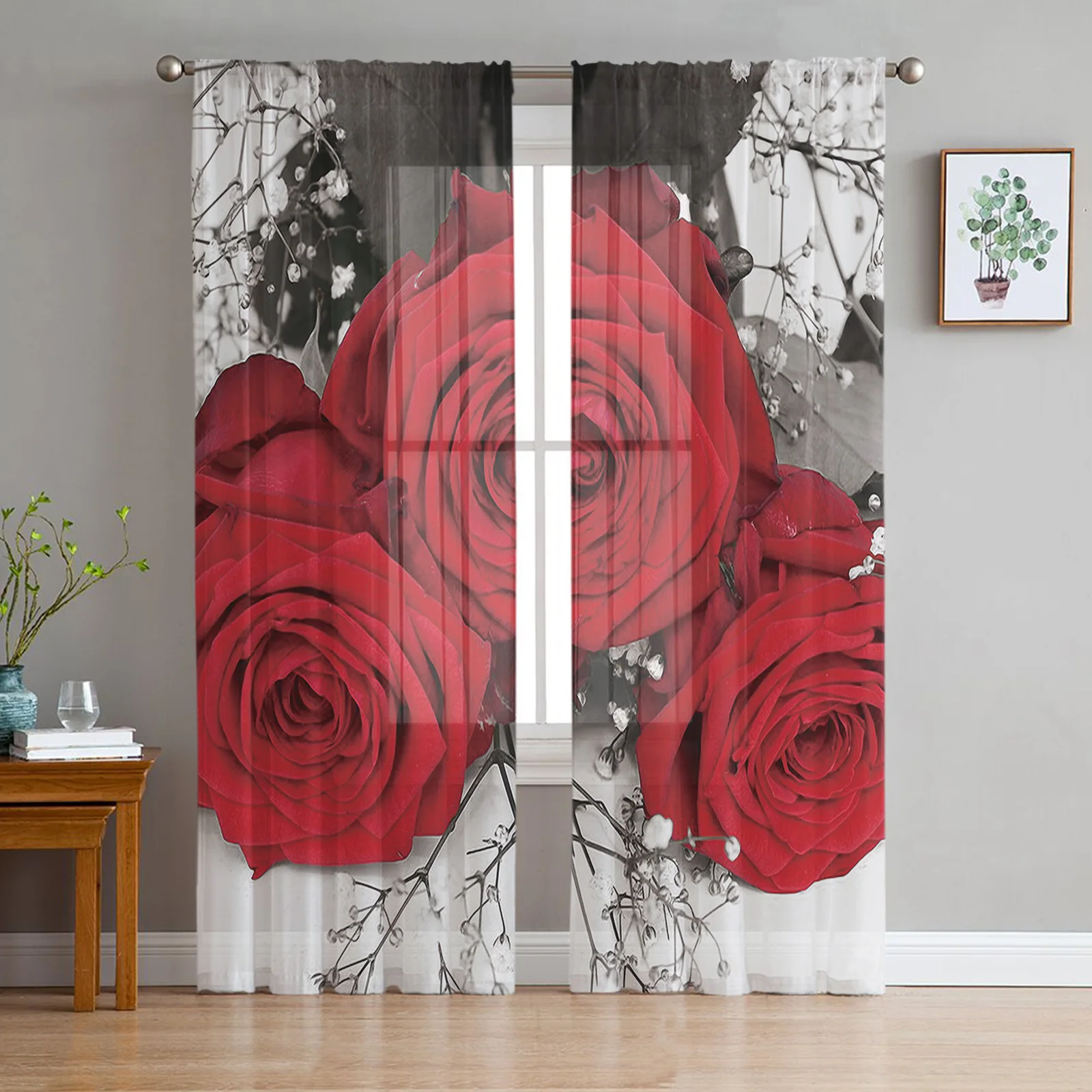 

Red Rose Flower Window Curtains Bedroom Modern Drape Sheer Tulle Valances Living Room Kitchen Voile Curtain