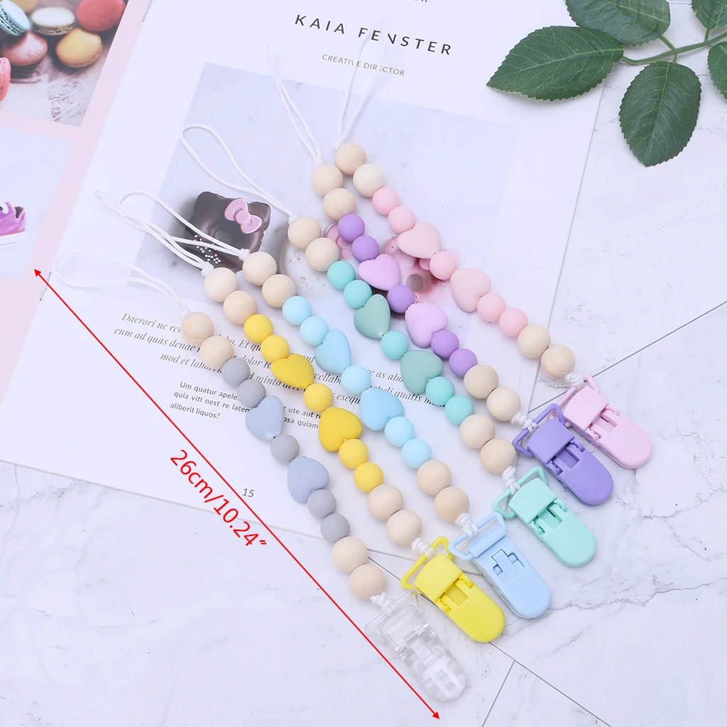 

Baby Pacifier Clip BPA Free Silicone Teething Chain Newborn Nipple Teether Holder Chew Toys Soother Wood Dummy Heart Beads
