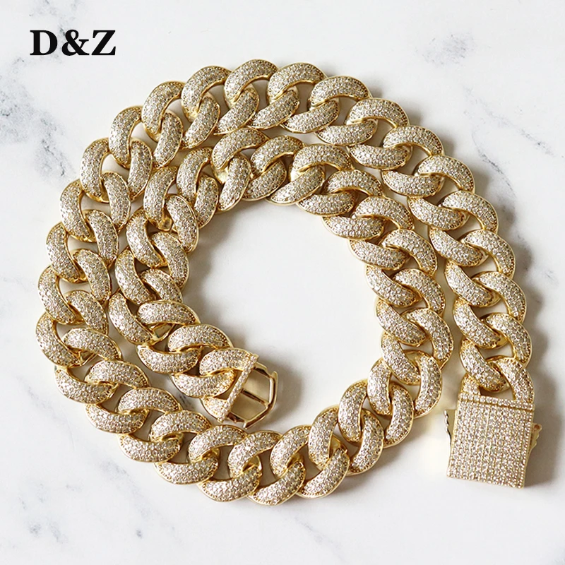 

D&Z New 19mm Heavy Prong Cuban Link Chain Spring Buckle Necklace Iced Out CZ Stones With Solid Back For Men Hip Hop Jewelry