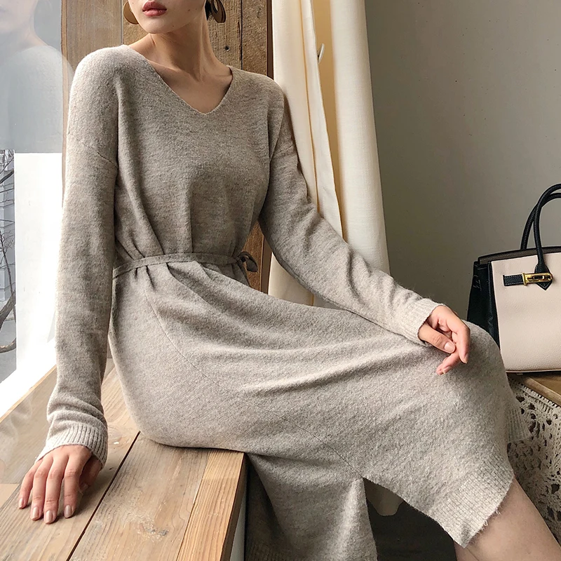 Flectit женское трикотажное платье с поясом мягкий кашемировый длинный рукав