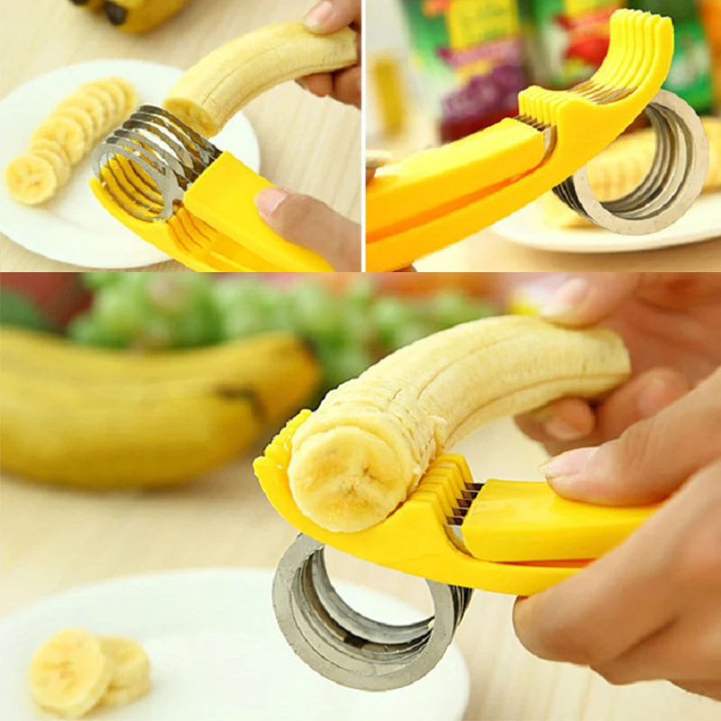 

Portable Stainless Steel Banana Slicer Fruit Vegetable Sausage Slicer Kitchen Accessories Banana Cutter Salad Sundaes Cook Tool