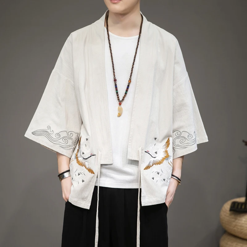 

Half Sleeve Crane Embroried Kimono Shirts for Men Cloud Embroried Collarless Shirt Summer Streetwear Plus Size Men Clothes